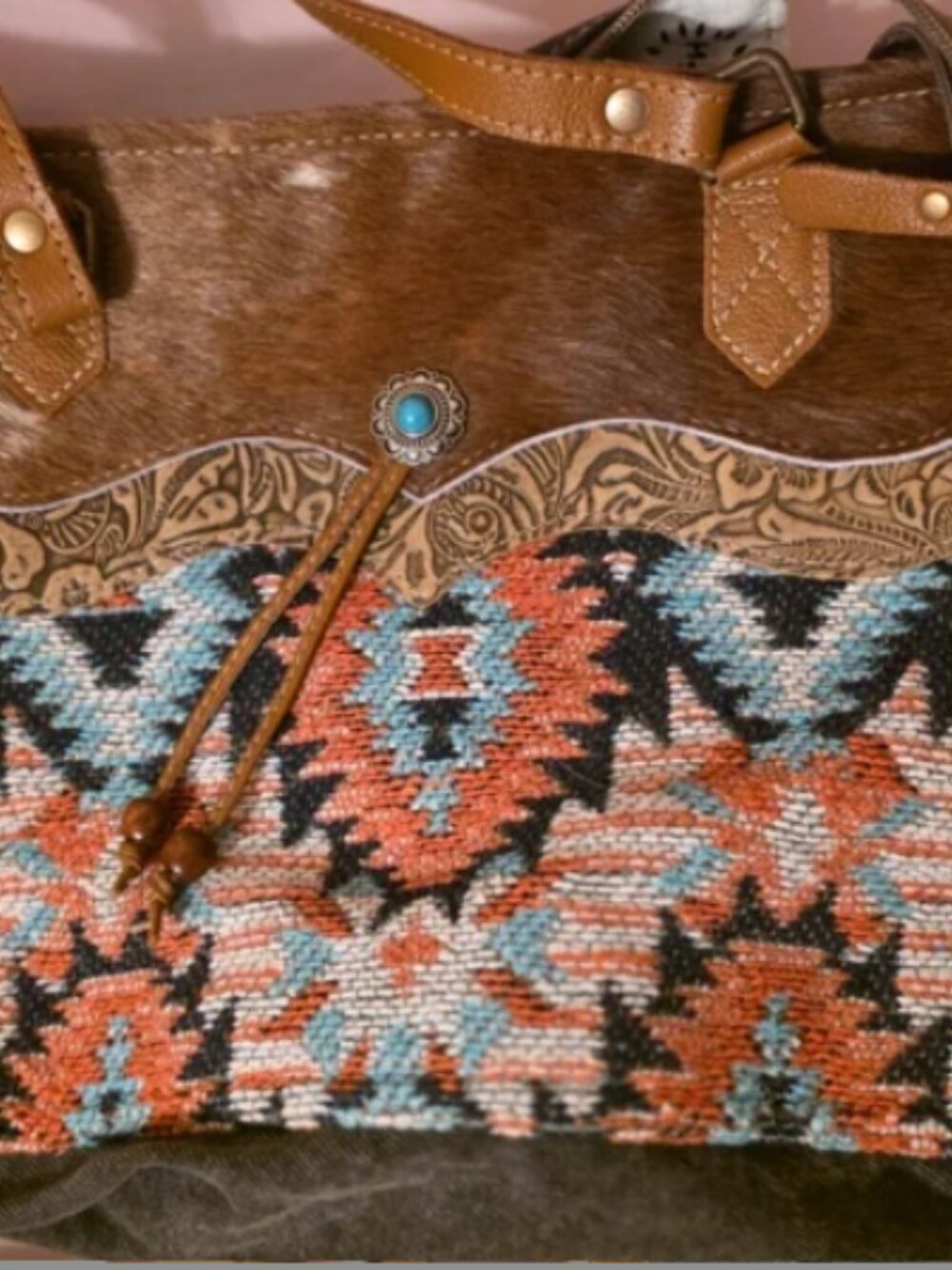 Myra Bag Southwestern Woven Cowhide Canvas Tote Bag
